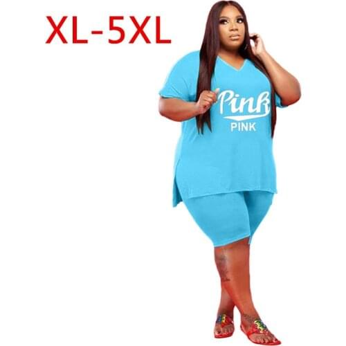 2021 Plus Size Women Two 2 Piece Outfits Set Pink Short Sleeve T-shirt and Knee Length Shorts Matching Set Active Tracksuit 5XL