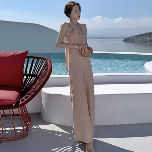 Fashion Summer Casual Retro Beach Holiday Jumpsuits Women Elegant Sexy V-Neck Halter Backless Vacation Wide-Leg Long Jumpsuits