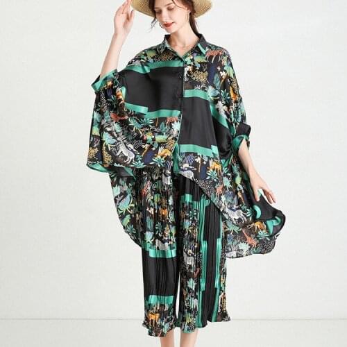 Female new spring and summer plus size fashion batwing sleeve chiffon loose and all-match two-piece suit