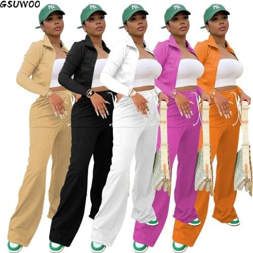 Gsuwoo Women Zipper Jacket Wide Leg Pants Sports Suit Autumn Spring Stand Collar Coat Bucket Pants 2-Piece Set Tracksuit Outfits