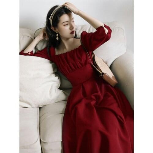 2 Colors Korean Fashion Women Outfits Modern Vintage Style Square Collar Long Sleeve Elegant Lady Dress Robe Rouge Vestido Negro