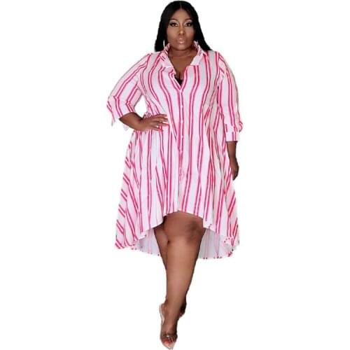 Plus Size Women Shirt Dress 4XL 5XL 3/4 Sleeve Loose Gown Fashion Striped Print Street Style Casual Large Size Dress 2021 Summer