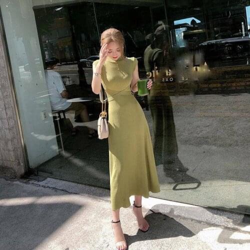 2021 summer Korean Women Bodycon Robe Knitted Maxi Dress Elegant Ladies SlimMatcha green Sweater Sleeveless Long Party Dresses