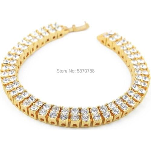 2 Rows Zirconia Bracelet Wristband Black Gold Plated Alloy Hip Hop Jewerly for men