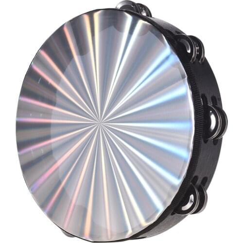 8 Inch Wooden Radiant Tambourine Handbell Hand Drum with Double Row Jingles Reflective Drum Head Percussion Instrument Toy