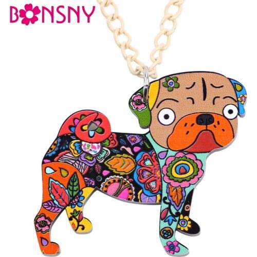 Bonsny Acrylic Pug DOG Necklace Cartoon Pendant Chain Collar Choker Pendant Animal Fashion Jewelry For Women Girls New 2017