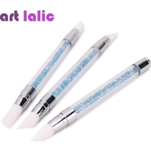 Artlalic 3 Pcs Two Ways Nail Art Pen Blue Rhinestones Design Carving Silicone Nail Brushes Manicure Tools Wholesale