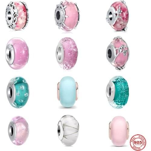 NEW Fine Pink Flower Glass Bead Pendant Dangle Charm Fit Pandora Original Sterling Silver 925 Bracelet For Women DIYJewelry Gift