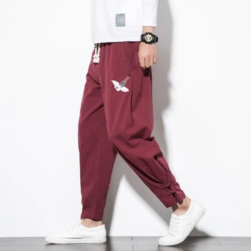 Vintage Men Casual Gray Black Wine Navy Pants Loose Linen Blend Embroidery Trousers Ethnic Chinese Style Male Pant Plus Size 5XL