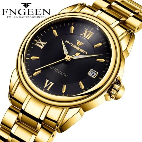 FNGEEN New Fashion Stainless Steel Gold Watches Date Automatic Self Wind Mens Watches Mechanical Watches Relogio Relojes 6602