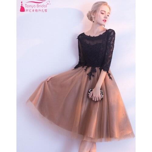 Black And Champagne Knee Length Lace Tulle Prom Dresses Half Sleeves Elegant Women Formal Dress Gown Cheap In Stock JQ290