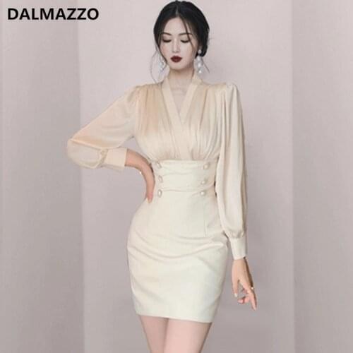DALMAZZO 2021 Spring Summer Designer France Vintage Women V Neck Double Breasted Slim Buttocks Mini Dress Vestidos Femme XL
