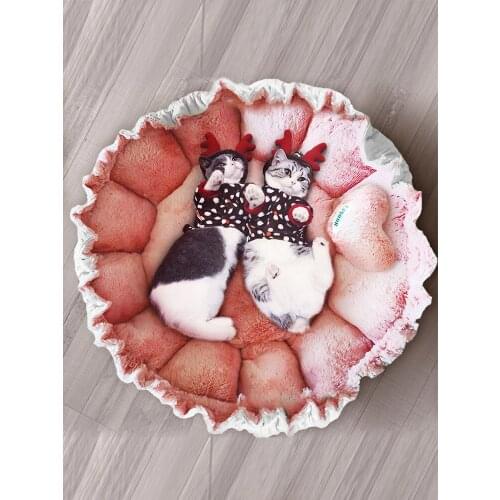 Round Plush Cat Bed Soft Long PlushCute Dual-Use Pink Round Fluffy Nest Adjustable Size Kitten Bed Pad Sofa For Small Dogs