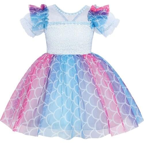 Baby Girls Mermaid Tutu Dresses for Girl Summer Puff Sleeve Sequins One Year Old Birthday Dress Back with Bow Kids Baptism Cloth