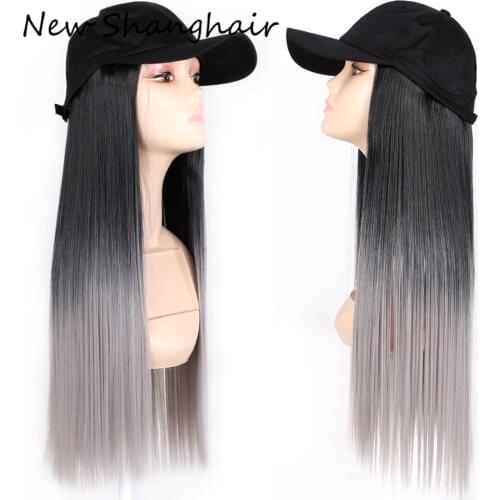 New Shanghair 22" Long Synthetic Baseball Cap Hair Wig Natural Black / Brown Wigs Naturally Connect Hat Wig