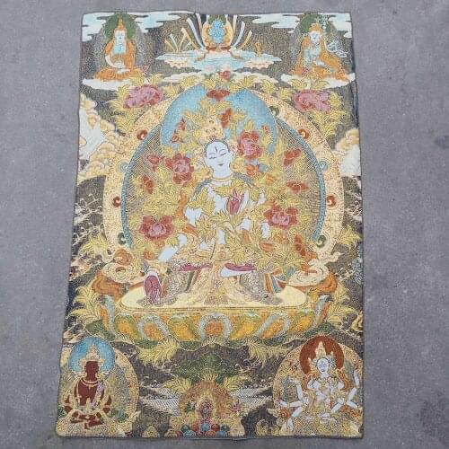 Home Decor 35" Thangka embroidery Tibetan Buddhism silk embroidery brocade Nepal Six-eyed White Tara Buddha Statue Thangka