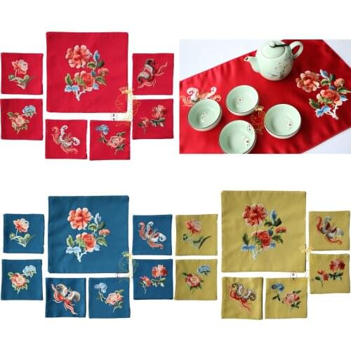 Customized Gifts Vintage Chinese Embroidery Flower Butterfly Tea Mat Coaster Tea Accessories 7PCS SET