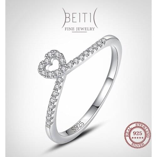 Beitil Luminous Clear Zirconia Sterling Silver 925 Finger Ring Simple Heart Rings for Women Wedding Engagement Jewelry