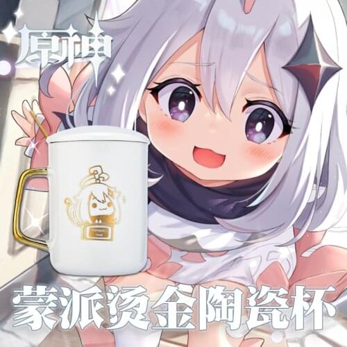 Game Cartoon Mug Cup Genshin Impact Paimon Ceramic Coffee Water Cup Gold Stamping Fashion Spoon + Cup + Lid Student Xmas Gift