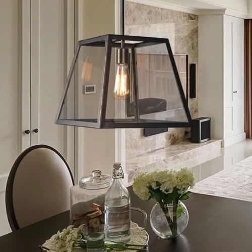 Loft Retro Iron Glass Box Chandelier Living Room Dining Room Restaurant Bedroom Bar Table Fish Line Chandelier Bed luminaria