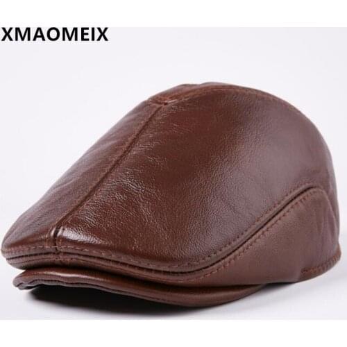 XMAOMEIX 2021 New Winter Mens Warm Beret Natural Genuine Leather Hat Cowhide Leather Fur Fluff Thicken Earmuff Hat Snapback Cap