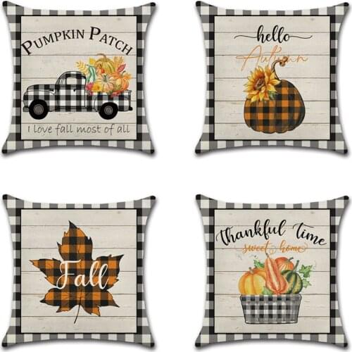 Autumn Retro Theme Pillow Cover Black White Plaid Pumpkin Truck Maple leaves Printed Cushion case sofa home Thanksgiving Decor