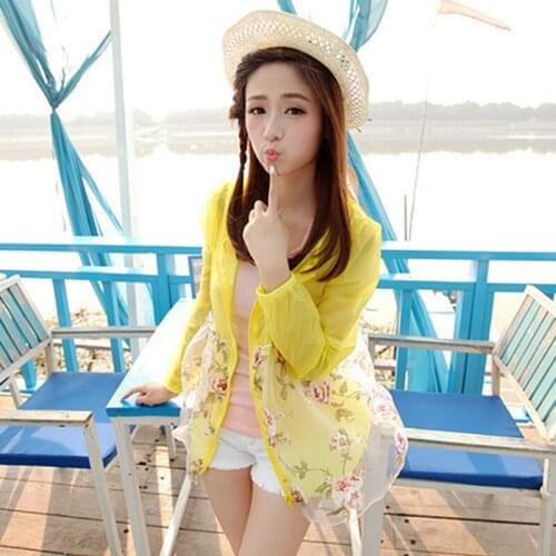 New Arrive Summer Thin Style Flowers Floral Printing Long Sleeve Beach Perspective Sun Protection Clothing Coat With Hat FS0562