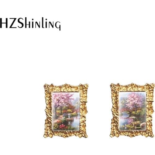 New Vintage Stud Earrings Pond Village Bridge Coloful Tree Flowers Scenery Rectangle Handcraft Retro Jewelry Earrings