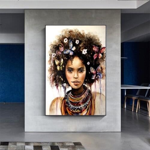 Fluffy Butterfly Hair African Girl Graffiti Posters and Prints Canvas Painting Murals Living Room Decoration Painting Frameless