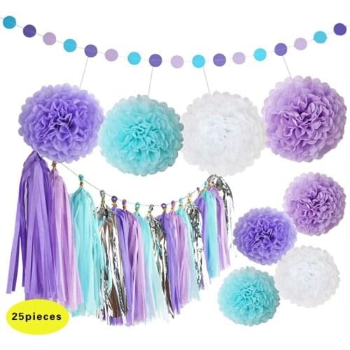 HAOCHU Mixed Purple Blue Wedding Paper Lantern Tissue Paper Pom Poms Shiny Tassels Birthday Party Baby Girl Room Decoration