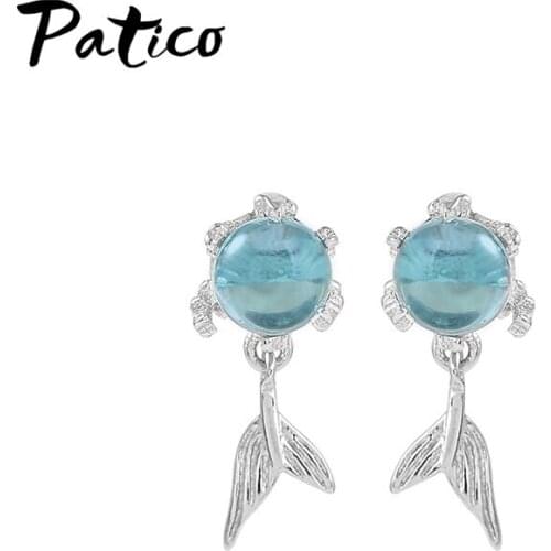 High Quality Silver Earrings for Women Blue Zircon Fish Tail Dangle Drop Earrings 925 Sterling Silver Women Fine Jewelry