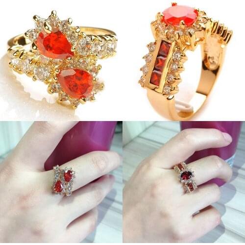 Yellow Gold Filled Bridal Wedding ring Red Cubic Zirconia CZ Rhinestone Bithstone Claw Female Engagement Rings For Women Jewelry