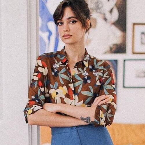 Floral Printed Shirts Women Chic Vintage Buttons Up Turn Down Neck Elegant Blouse 2021 Office Lady Femme Tops Shirt Autumn