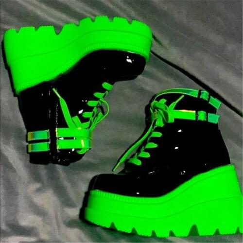 HOT New Big Sizes 43Gothic Green Platform High Heels Cosplay Fashion Autumn Winter Wedges Halloween Shoes Ankle Booties Women