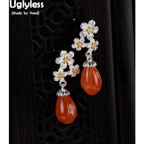 Uglyless Elegant Ethnic Women Real Solid 925 Silver Flowers Earrings Natural Agate Magnolia Floral Earrings Handmade Fine Jewel