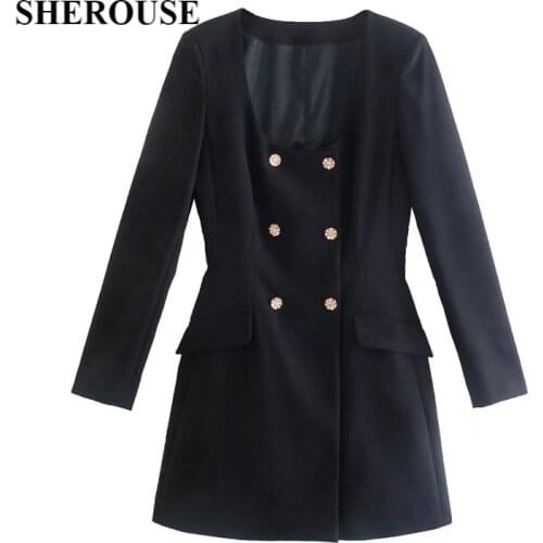 SHEROUSE Women Elegant Blazer Style Dress Fashion Double Breasted Long Sleeves Square Neckline Vintage Woman Short Dresses Robe