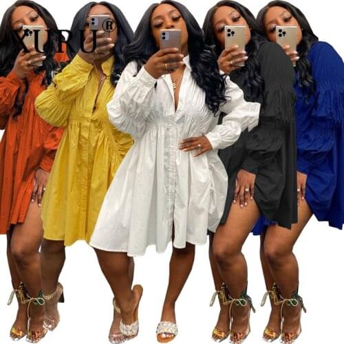 XURU Cross-border Womens Dress European and American Sexy Irregular Pleated Loose Dress Solid Color Big Swing Dress