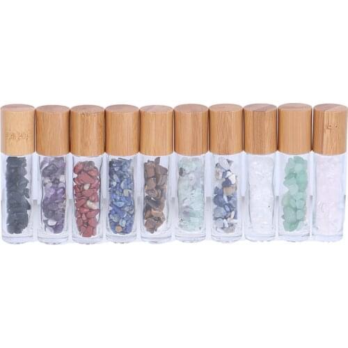 10ml Natural Gemstones Essential Oil Roller Ball Bottles Transparent Glass With Bamboo Lid Caps