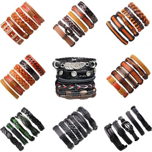 5~6pcs/set wholesale Boho casual Hippie Punk Charm Black dark brown Leather Cord Wrap multi Layers Bracelets bangles Set for Man