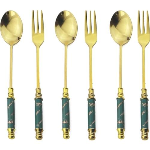 6Pcs Green Gold luxury Ceramic Handle Cutlery Fork Spoon Set Fruit Fork Coffee Tea Spoon Stainless Steel Tableware Cake Forks