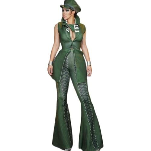 ArmyGreen Two-Piece Suit Letter Printing Sleeveless Tops Striped Bell-Bottomed Pants Nightclub Costumes Stage Outfit Women