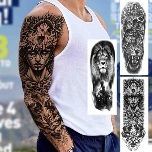 Large Indian Temporary Tattoos Sleeve For Men Boy Adult Women Realistic Fake Lion Tattoo Sticker Black Waterproof Full Arm Tatoo