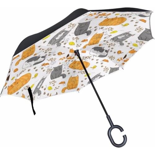 C-Hook Reverse Umbrella Smiling Cats Windproof Double Layer Long Shank Inverted Creative Customized Rain Protection Travel Size