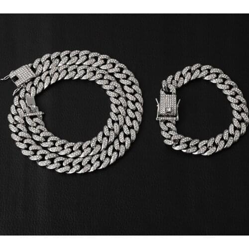 Hip Hop Miami Rapper Mens and Womens Necklace Bracelet Super Flash Zircon 13mm Cuban Chain Nightclub Street Dance Accessories