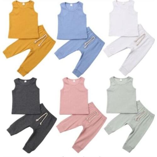 0-24M Newborn Kid Baby Girl Boy Solid Sleeveless Romper Top Vest + Pants Leggings Outfit Set Clothes