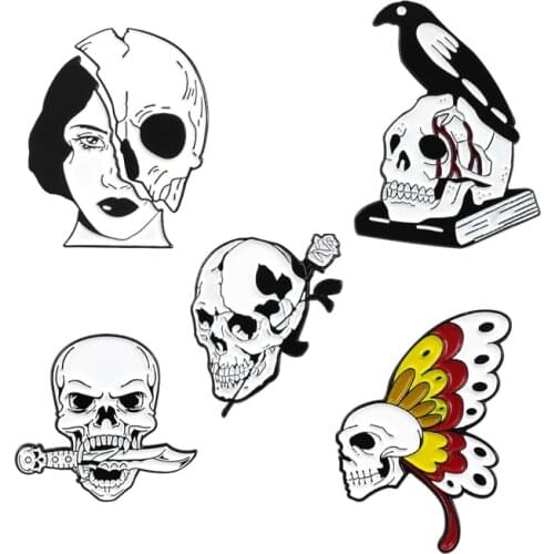 Gothic Skeleton Brooch Butterfly Skull Rose Knife Crow Book Skull Woman Face Skeleton Death Love Enamel Pin Lapel Badge Jewelry