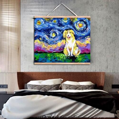 WANGART Frame Canvas Print Bernese Mountain Dog Starry Night Art Wooden Scroll Painting Animal Wall Picture Living Room Home