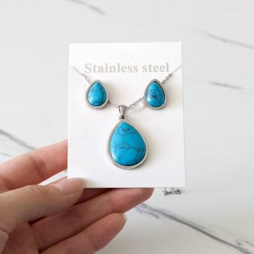 LUXUKISSKIDS Oval Shape Stone Pendant Necklace Earrings Set For Woman Stainless Steel Party Chain Jewelry Accessories pendientes