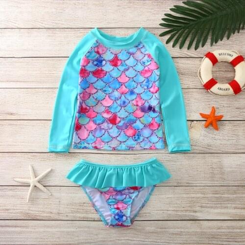 Toddler Baby Girls Swimwear Mermaid Long Sleeve Two-piece Bikini Beach Skirt Swimsuit Summer Swimming Beachwear Bathing Suit #l