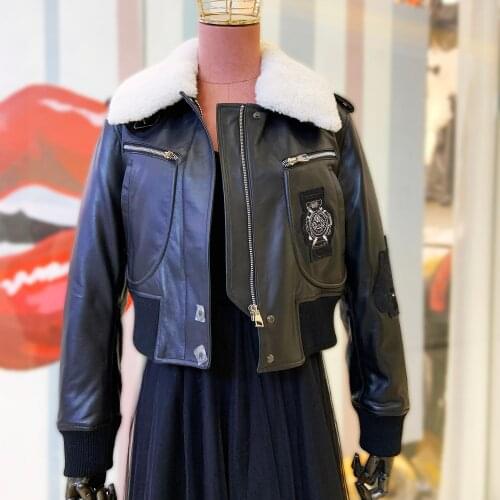 Maylofuer Short Women Genuine Leather Jacket Bomber Jacket With Real Lamb Fur Collar Warm Cotton Liner Natural Sheepskin Coat